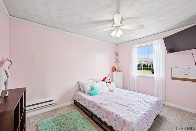 bedroom featuring crown molding, a baseboard radiator, and ceiling fan