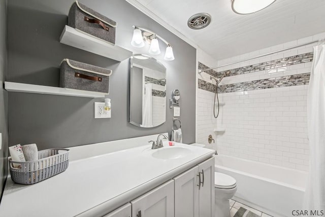 bathroom with visible vents, shower / bathtub combination with curtain, toilet, vanity, and tile patterned flooring