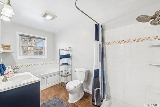 bathroom with a garden tub, toilet, a sink, visible vents, and tiled shower