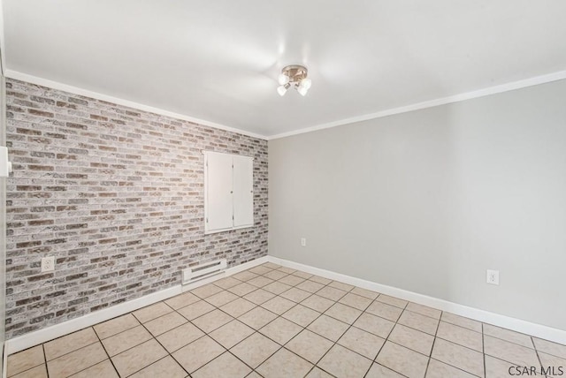 empty room with light tile patterned floors, brick wall, baseboards, and ornamental molding