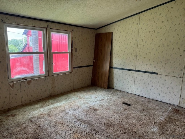 carpeted spare room featuring vaulted ceiling, crown molding, and a textured ceiling