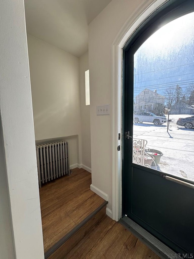 entryway featuring radiator and hardwood / wood-style floors