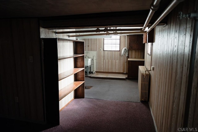 basement featuring radiator heating unit, carpet floors, and wood walls