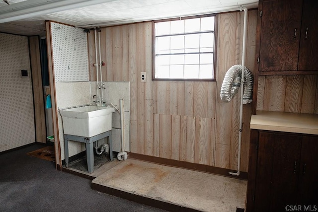 clothes washing area with dark colored carpet and wood walls