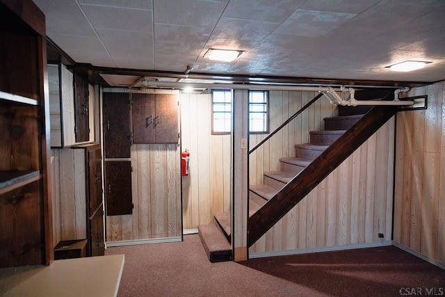 basement with carpet flooring and wood walls