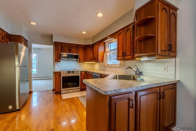 kitchen featuring stainless steel appliances, kitchen peninsula, sink, and backsplash