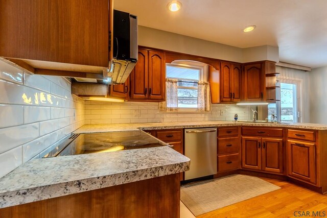 kitchen with tasteful backsplash, plenty of natural light, stainless steel dishwasher, and light hardwood / wood-style floors