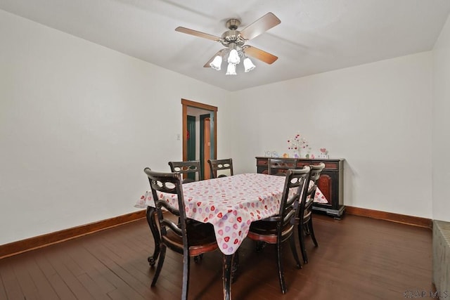 dining area featuring dark hardwood / wood-style floors and ceiling fan