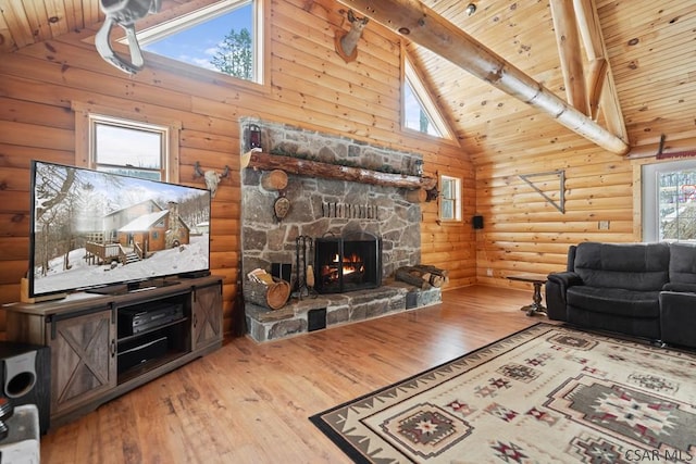 living room featuring rustic walls, high vaulted ceiling, wooden ceiling, a fireplace, and hardwood / wood-style floors