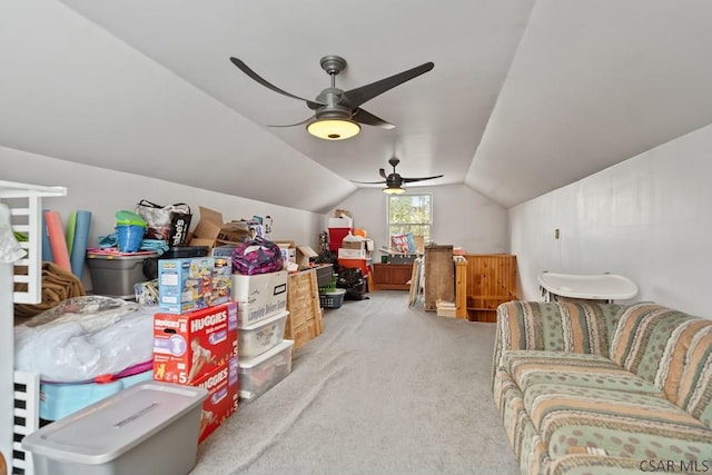 bonus room with ceiling fan, vaulted ceiling, and carpet