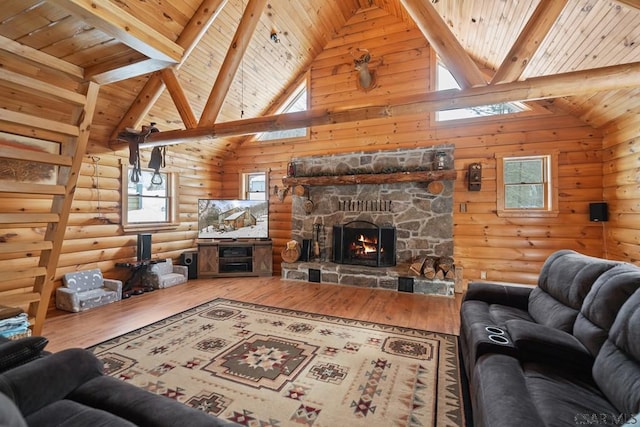 living room with wood ceiling, wood-type flooring, high vaulted ceiling, and rustic walls