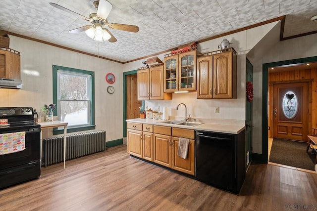 kitchen with sink, radiator, light hardwood / wood-style floors, ornamental molding, and black appliances