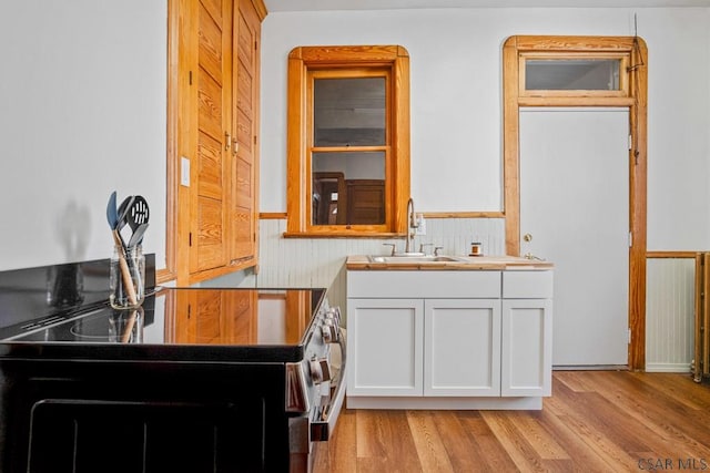 kitchen with stainless steel range with electric cooktop, sink, light hardwood / wood-style flooring, and white cabinets