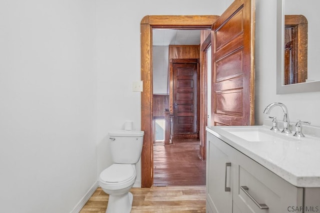 bathroom featuring vanity, wood-type flooring, and toilet