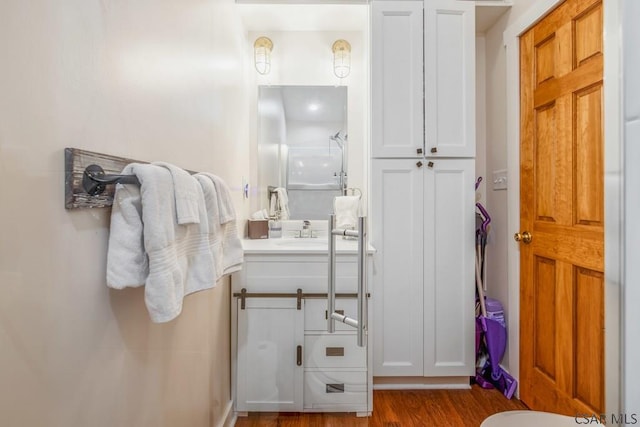 bathroom featuring wood finished floors and vanity