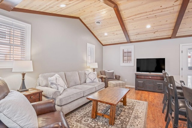 living room featuring baseboards, light wood-style flooring, vaulted ceiling with beams, recessed lighting, and wood ceiling