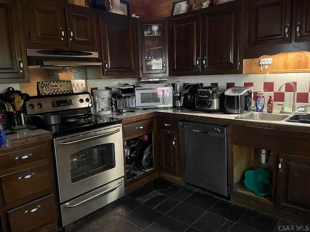 kitchen featuring electric stove, dishwasher, sink, and dark brown cabinets