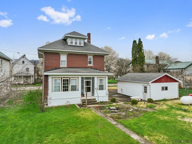 624 Oden St, Confluence, PA 15424 - rear view of house with an outdoor structure, a chimney, a shingled roof, entry steps, and a lawn