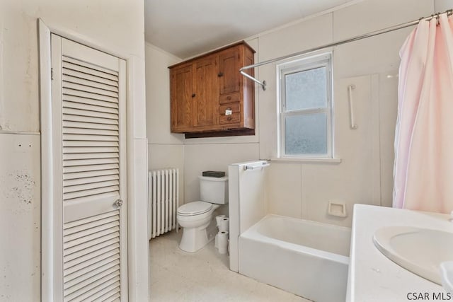 624 Oden St, Confluence, PA 15424 - bathroom featuring a bathing tub, a closet, toilet, radiator, and a shower with shower curtain