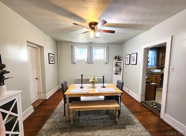 106 Lucetta St, Johnstown, PA 15905 - dining area with radiator heating unit, a ceiling fan, wood finished floors, and baseboards