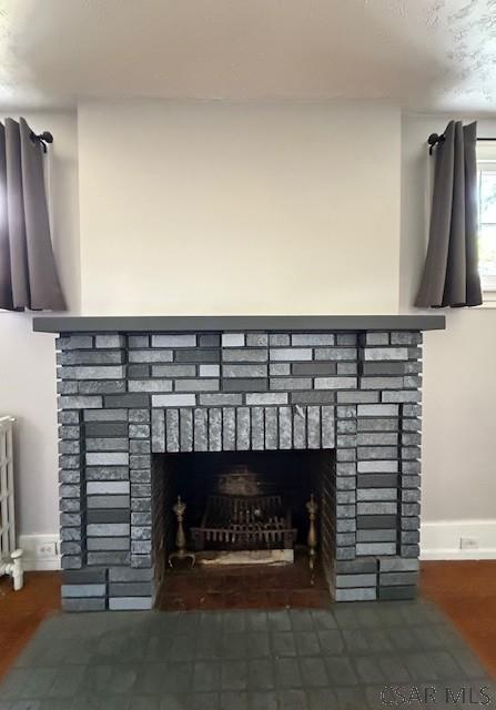 106 Lucetta St, Johnstown, PA 15905 - detailed view of a fireplace, wood finished floors, baseboards, and radiator heating unit