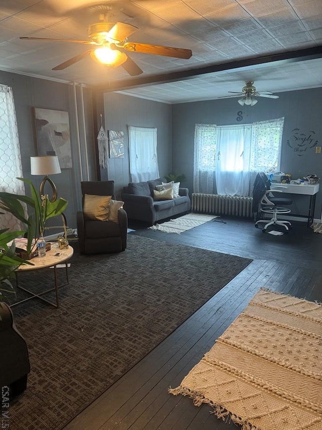 116 Blawn St, Johnstown, PA 15906 - living room with ceiling fan, hardwood / wood-style floors, an office area, crown molding, and wood walls