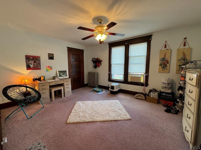 interior space featuring radiator, light carpet, ceiling fan, and cooling unit