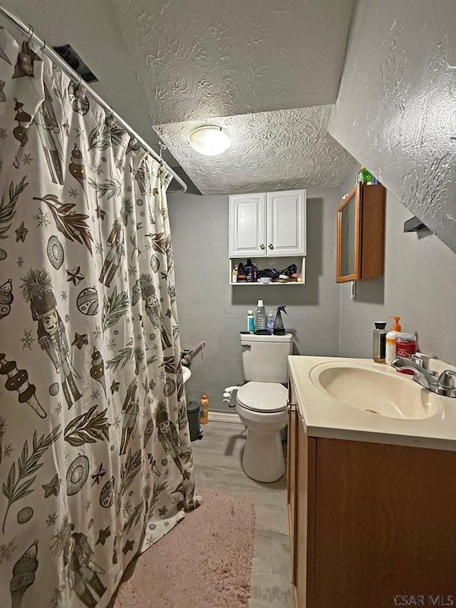 304 Oak St, Conemaugh, PA 15909 - full bath featuring toilet, vanity, a textured ceiling, wood finished floors, and a shower with curtain