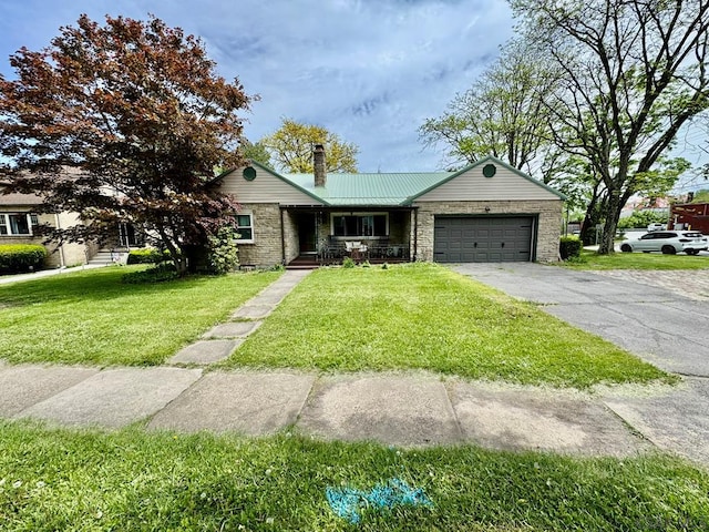 1502 Goucher St, Johnstown, PA 15905 - ranch-style home featuring stone siding, a chimney, driveway, a garage, and covered porch