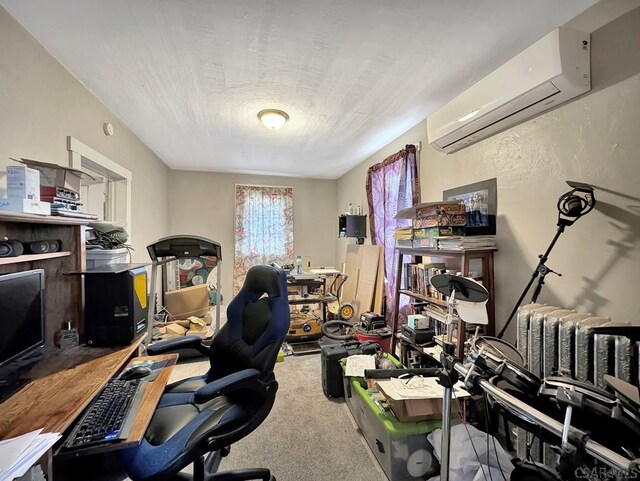 carpeted home office featuring an AC wall unit