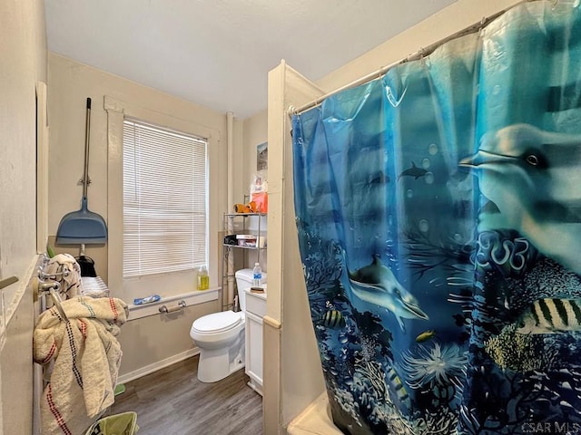 bathroom featuring vanity, curtained shower, wood-type flooring, and toilet