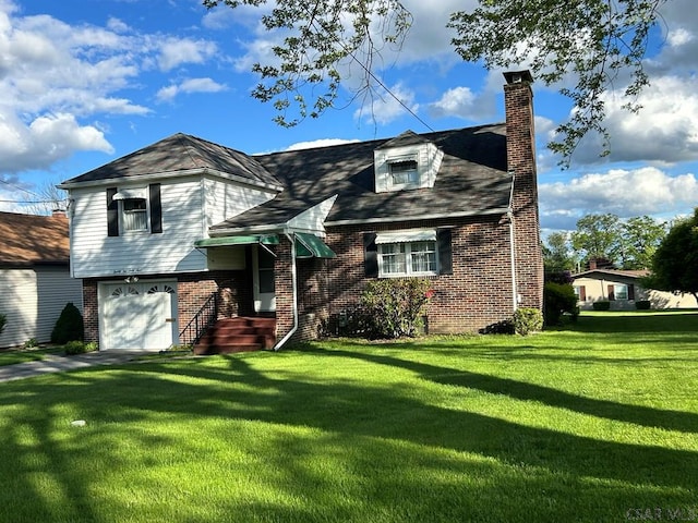 2269 Sunshine Ave, Johnstown, PA 15905 - view of front of house with a chimney, brick siding, a garage, and a front yard