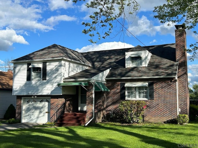 2269 Sunshine Ave, Johnstown, PA 15905 - view of front of home with brick siding, a chimney, a front lawn, and a garage