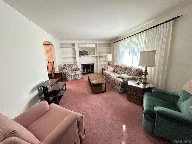 2269 Sunshine Ave, Johnstown, PA 15905 - living area featuring carpet flooring, arched walkways, built in shelves, and a glass covered fireplace