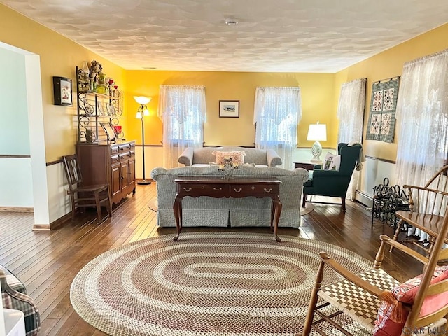 living room with dark wood finished floors, a textured ceiling, and a baseboard radiator