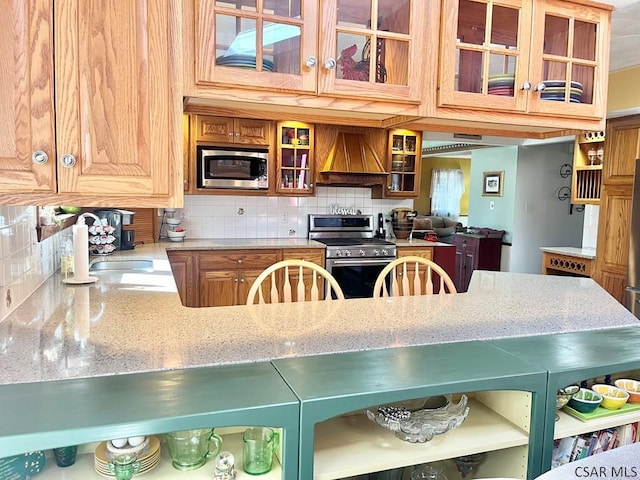 kitchen with backsplash, appliances with stainless steel finishes, custom range hood, and a sink