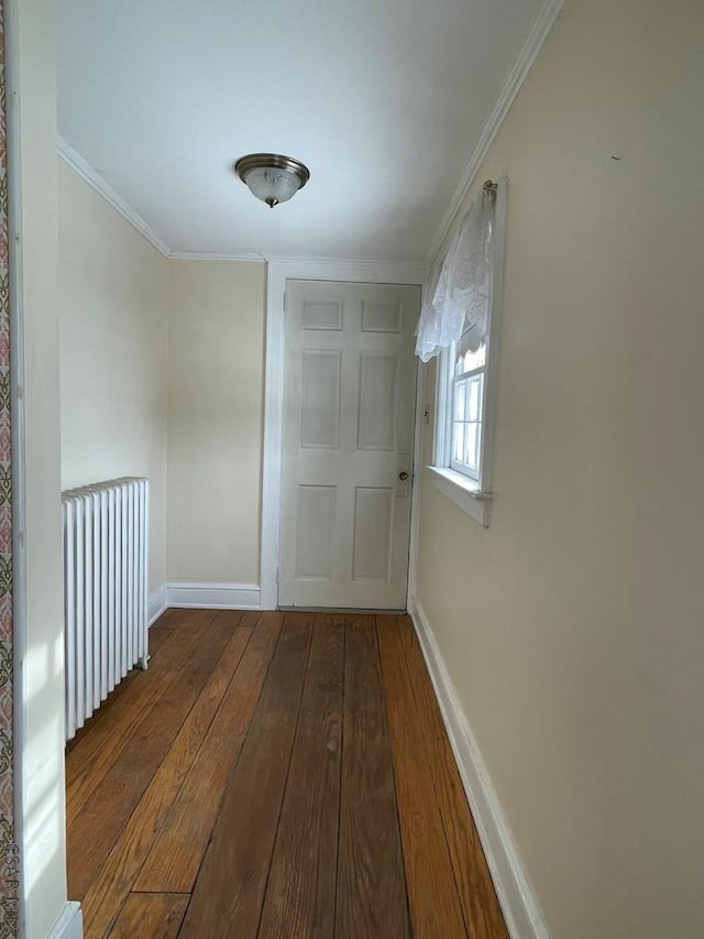 hall featuring crown molding, dark wood-type flooring, and radiator heating unit