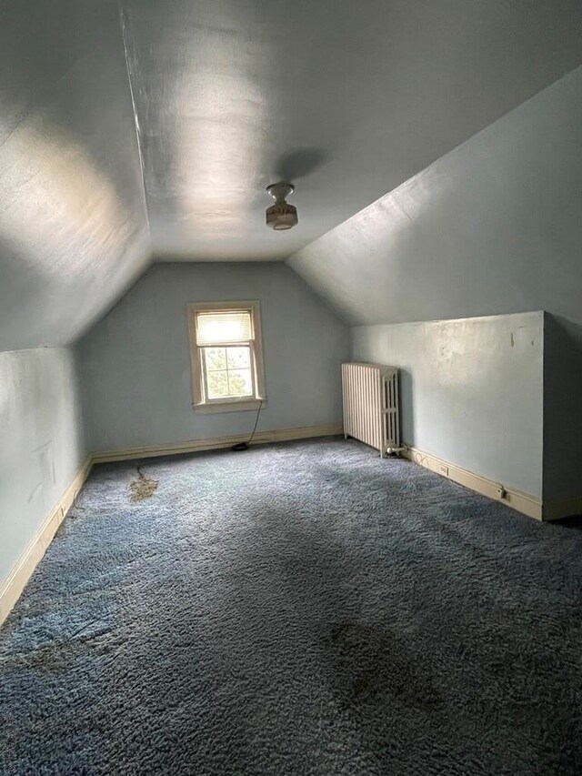 bonus room featuring carpet, radiator, and lofted ceiling