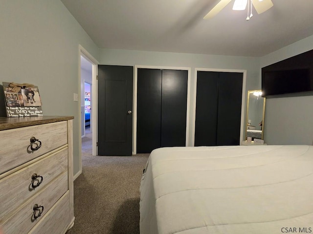 bedroom with dark carpet and ceiling fan