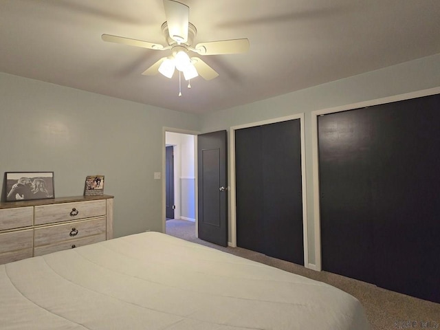 carpeted bedroom featuring ceiling fan