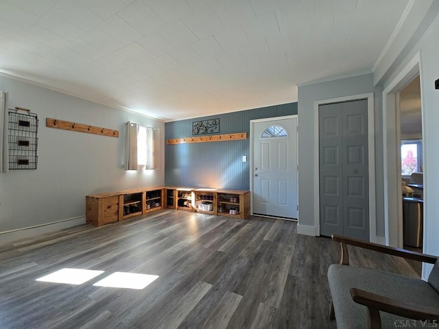 entrance foyer with ornamental molding and dark hardwood / wood-style floors