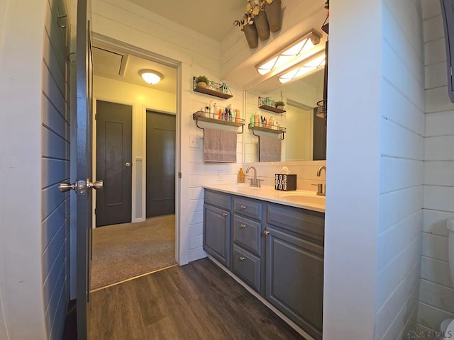 bathroom with vanity and hardwood / wood-style flooring