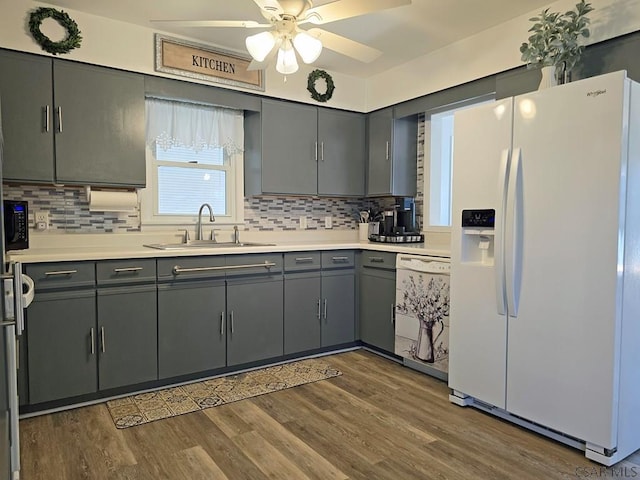 kitchen with gray cabinetry, sink, white appliances, and dark hardwood / wood-style floors