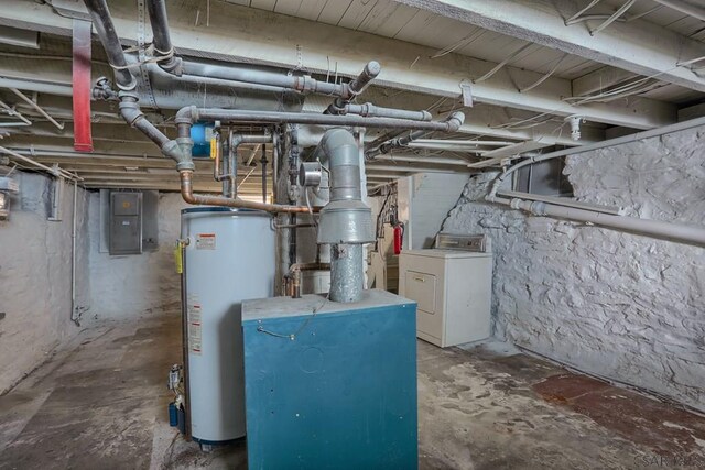 utility room featuring electric panel, washer / dryer, and gas water heater