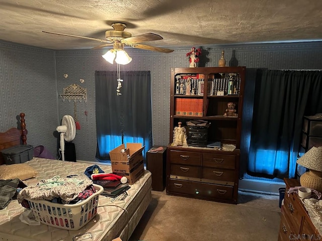 1008 Conemaugh Ave, Portage, PA 15946 - bedroom with carpet flooring, wallpapered walls, a textured ceiling, and a ceiling fan