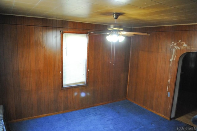 carpeted empty room with plenty of natural light and wood walls