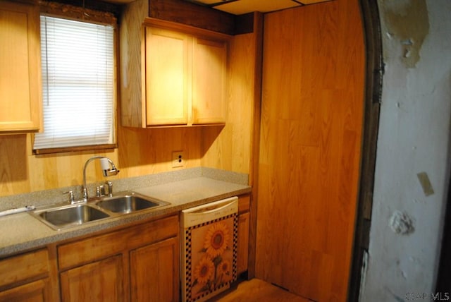 kitchen with dishwasher, sink, and wood walls