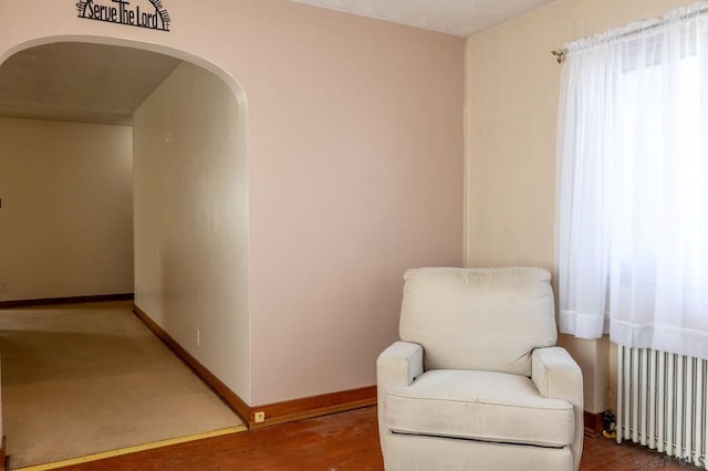 living area with baseboards, radiator, wood finished floors, and arched walkways