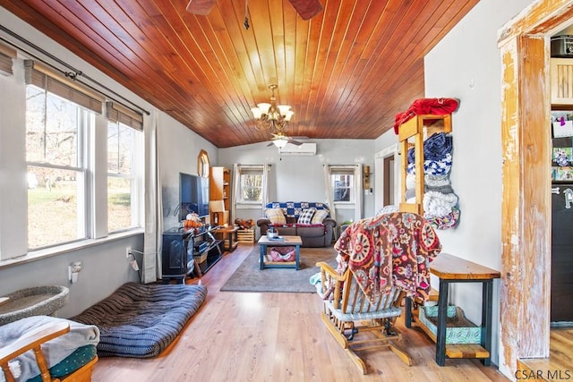 living room with hardwood / wood-style flooring, a wall mounted AC, wooden ceiling, and a chandelier