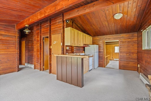 706 Laurel Summit Rd, Boswell, PA 15531 - kitchen featuring a baseboard radiator, wooden ceiling, light carpet, beamed ceiling, and white appliances